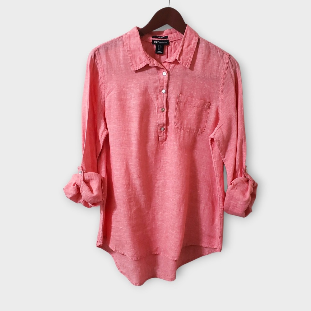 Jones New York‎ Womens Pink 100% Linen Roll Tab Sleeve Henley Tunic Shirt Size M